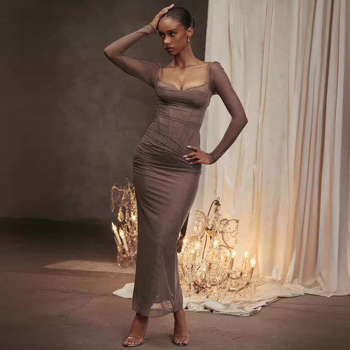 Damen Elegantes Maxikleid mit transparenten Ärmeln Drune