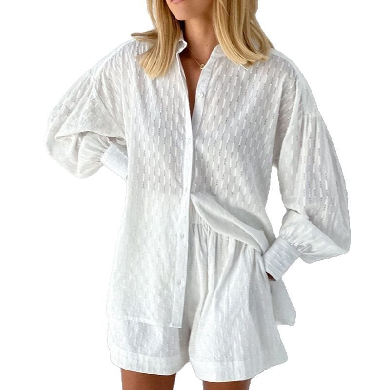Damen lässiges Oversized Hemd mit Struktur und kurzen Hosen Drune