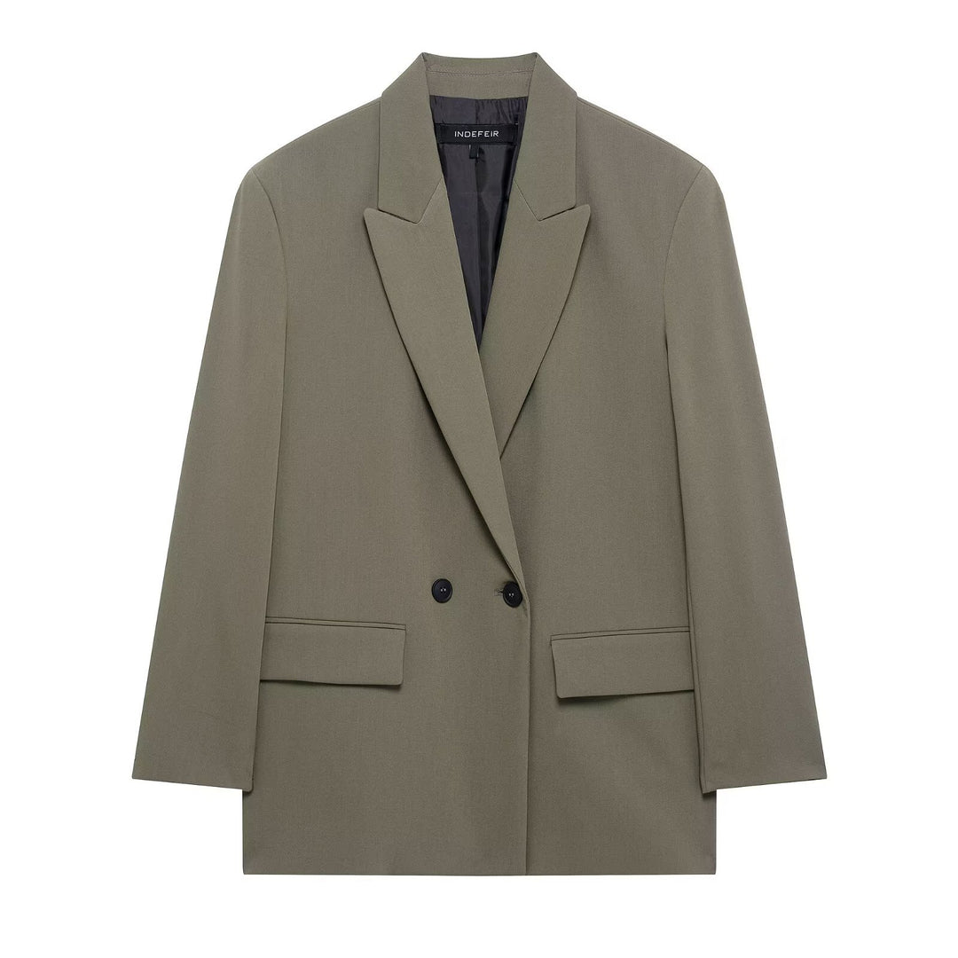 Damen Langer Zweireihiger Blazer-Mantel mit Oversize-Schnitt und Pattentaschen Drune