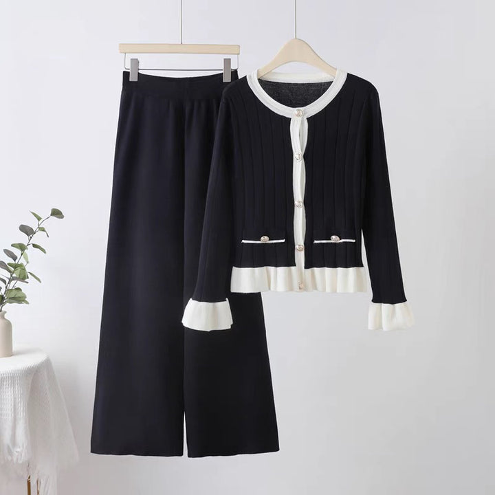 Damen elegantes Strick-Loungewear-Set mit aufgesetzten Taschen und Rüschen Drune