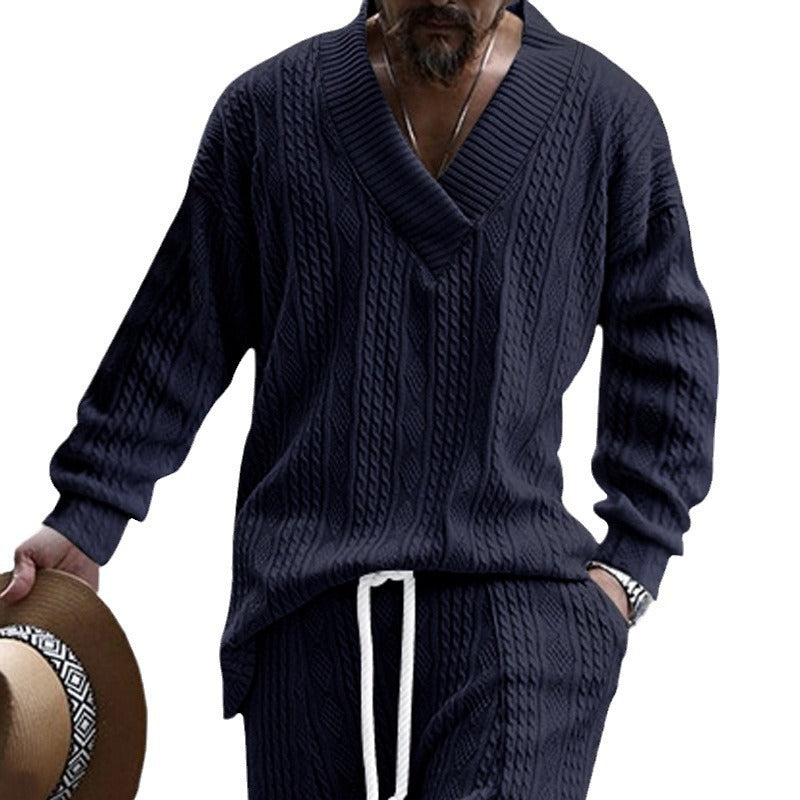 Herren Oversize-Zopfmuster-Pullover mit tiefem V-Ausschnitt Drune