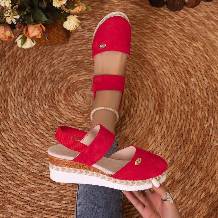 Damen  Espadrille-Keilpantoletten mit elastischem Fersenriemen, Veloursoptik-Obermaterial und geflochtenem Jute-Plateau Drune