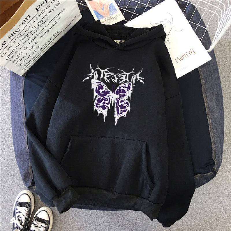 Damen nan Oversize-Kapuzenpullover mit gothischer Schmetterlings-Illustration und Kängurutasche Drune