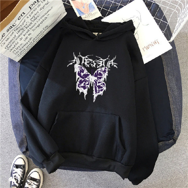Damen nan Oversize-Kapuzenpullover mit gothischer Schmetterlings-Illustration und Kängurutasche Drune