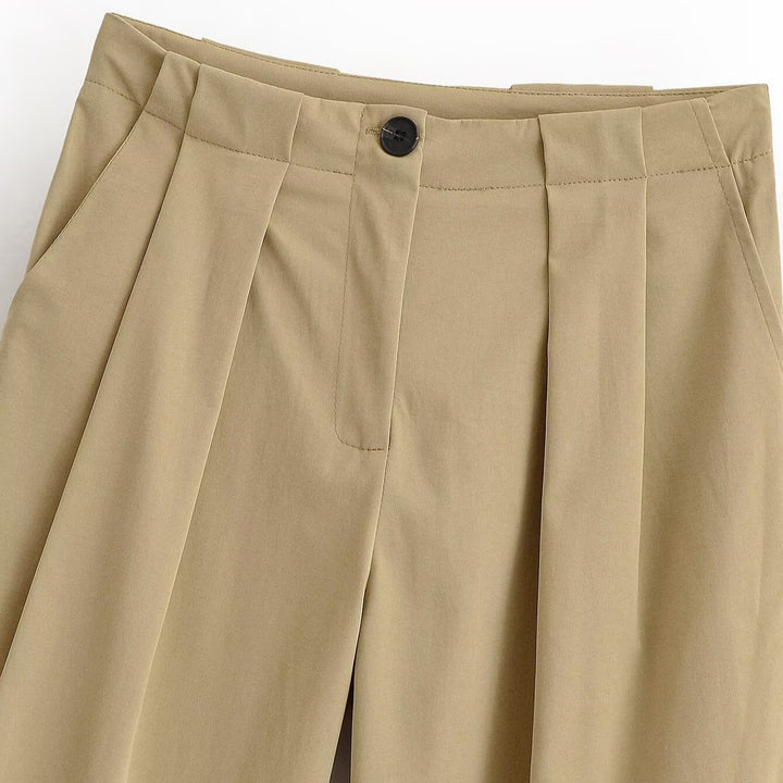 Damen Weite High Waist Hose mit Bundfalten, Bügelfalte und Eingrifftaschen Drune