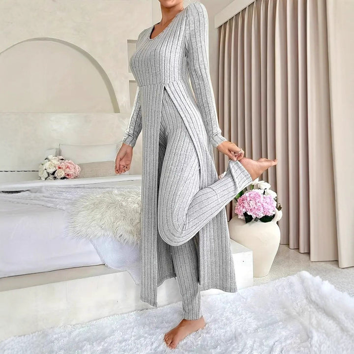 Damen eleganter und modischer Jumpsuit mit seitlichen Schlitzen und langen Ärmeln Drune