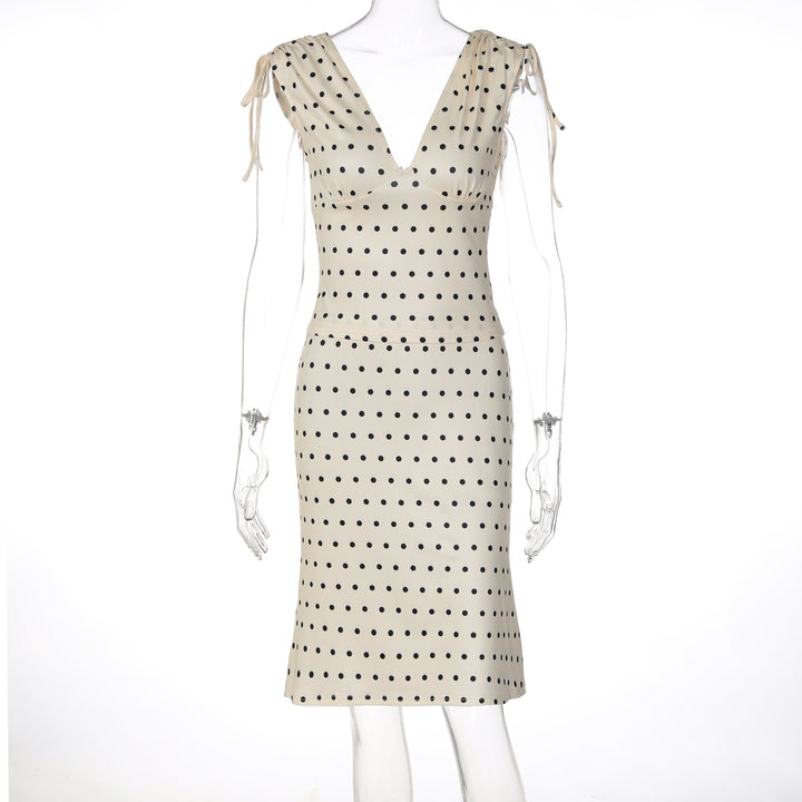 Damen Elegantes Polka-Dot Kleid mit tiefem V-Ausschnitt und verstellbaren Schulterbändern Drune