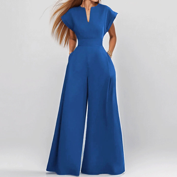 Damen Elegante weite Jumpsuit mit kurzen Ärmeln und tiefem Ausschnitt Drune