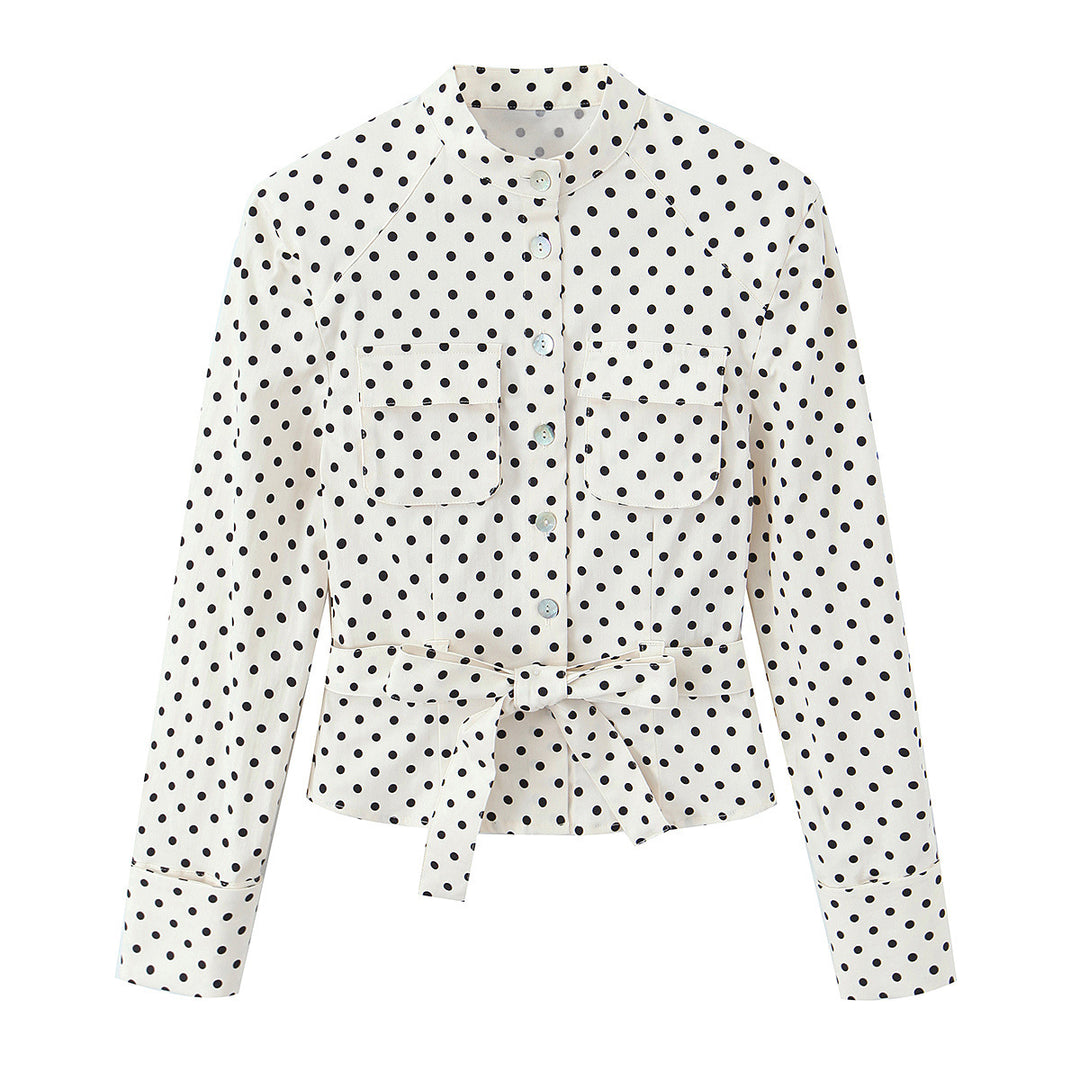 Damen Bluse mit Stehkragen, Taillengürtel und Brusttaschen Drune