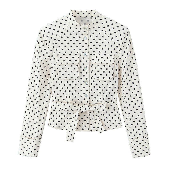 Damen Bluse mit Stehkragen, Taillengürtel und Brusttaschen Drune