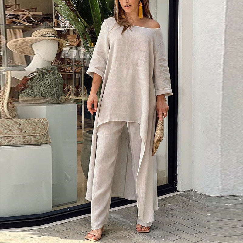 Damen luftiger Kaftan-Style Zweiteiler mit asymmetrischem Schnitt Drune