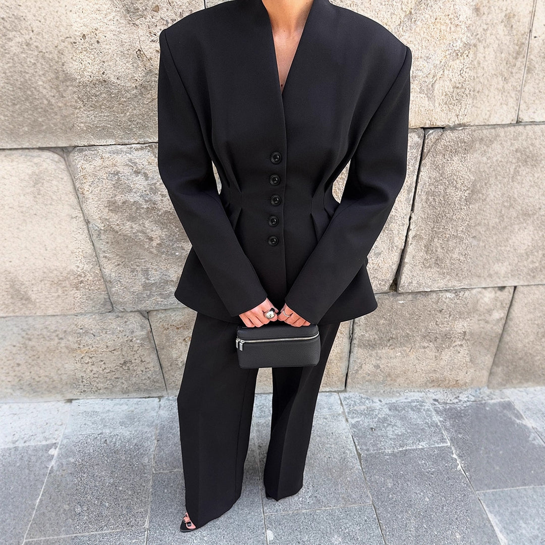 Damen Eleganter Blazer-Hosenanzug mit taillierter Silhouette und klassischen Knopfdetails Drune