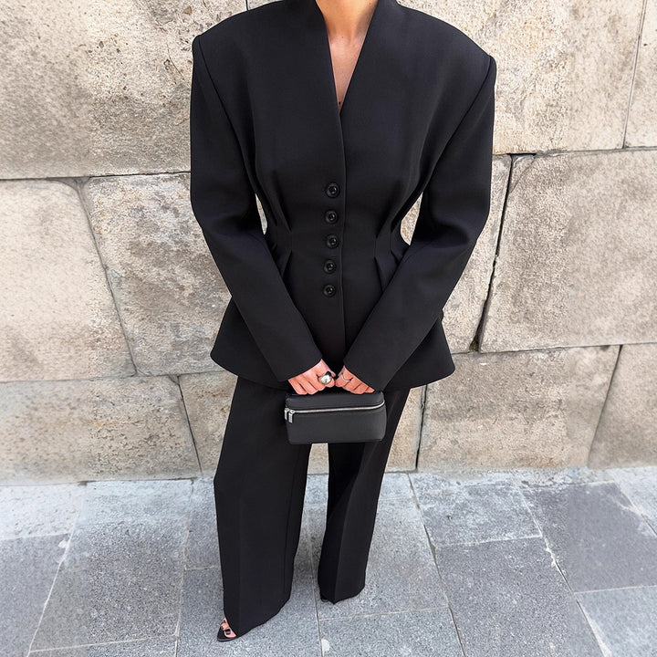Damen Eleganter Blazer-Hosenanzug mit taillierter Silhouette und klassischen Knopfdetails Drune