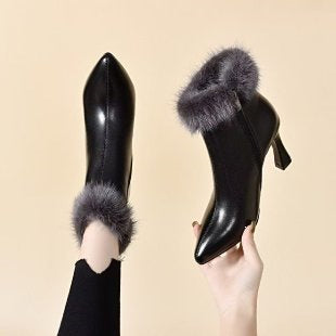 Damen Elegante Stiefeletten mit Fellkragen Drune