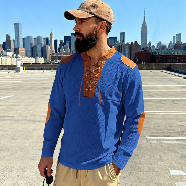 Herren Waffelstrick-Langarmshirt mit Schnürung und Kunstvelours-Ellbogenpatches Drune
