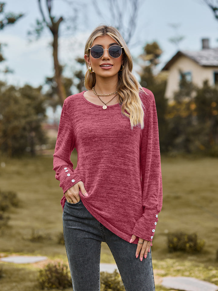 Damen Lässiges Langarmshirt mit Knopfmanschetten und weitem Rundhalsausschnitt Drune