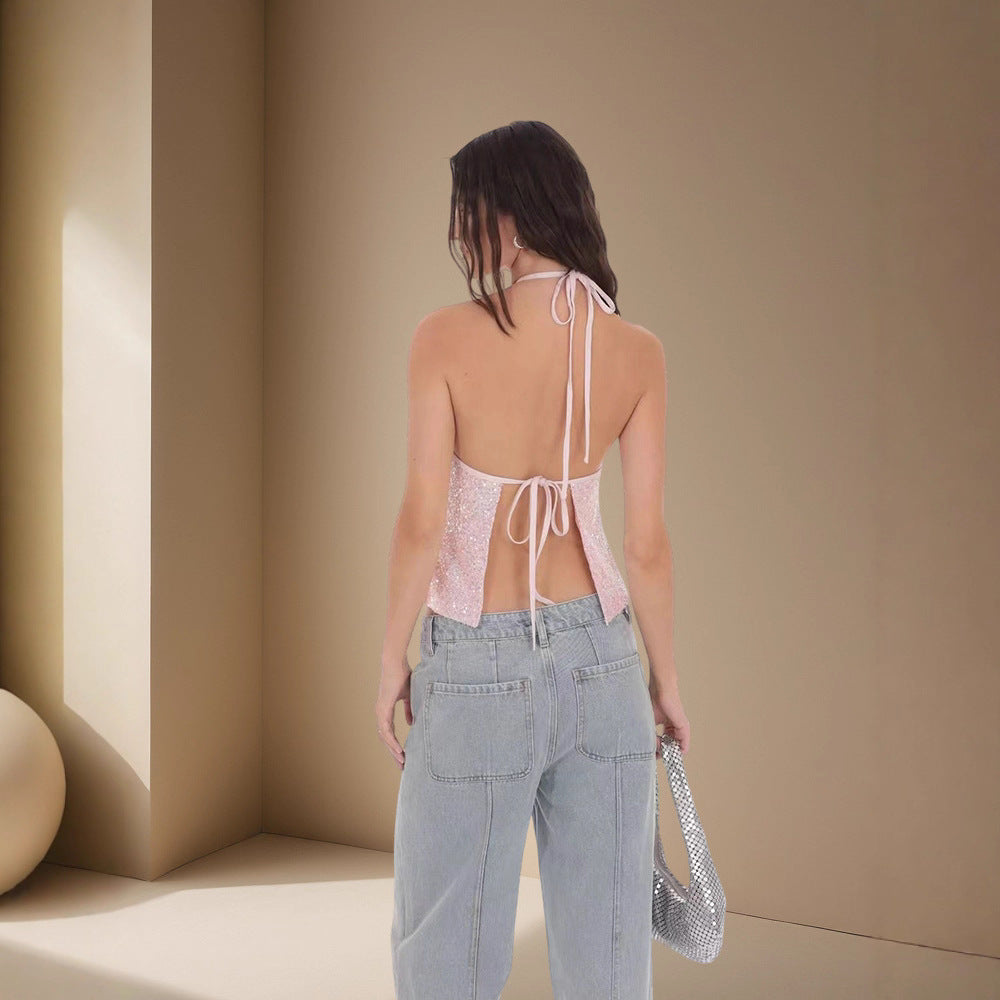 Damen Glitzerndes Crop-Top mit schmalen Trägern und asymmetrischem Design Drune