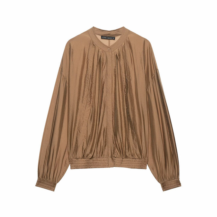 Damen Plissiertes Blouson-Top mit Rundhalsausschnitt, Ballonärmeln und gesmoktem Saum Drune
