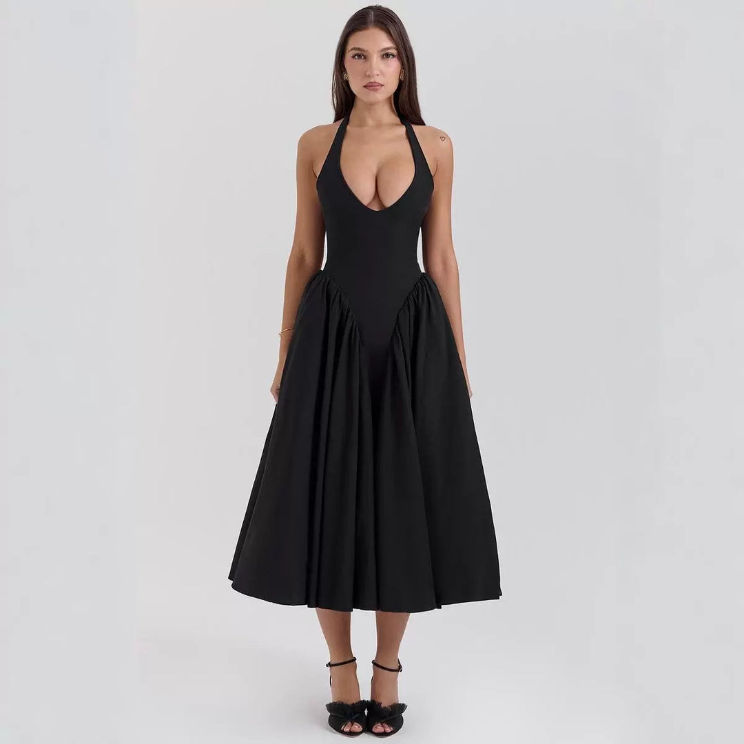 Damen A-linien Midi-Kleid mit tiefem V-Ausschnitt und verspieltem Rückenausschnitt Drune