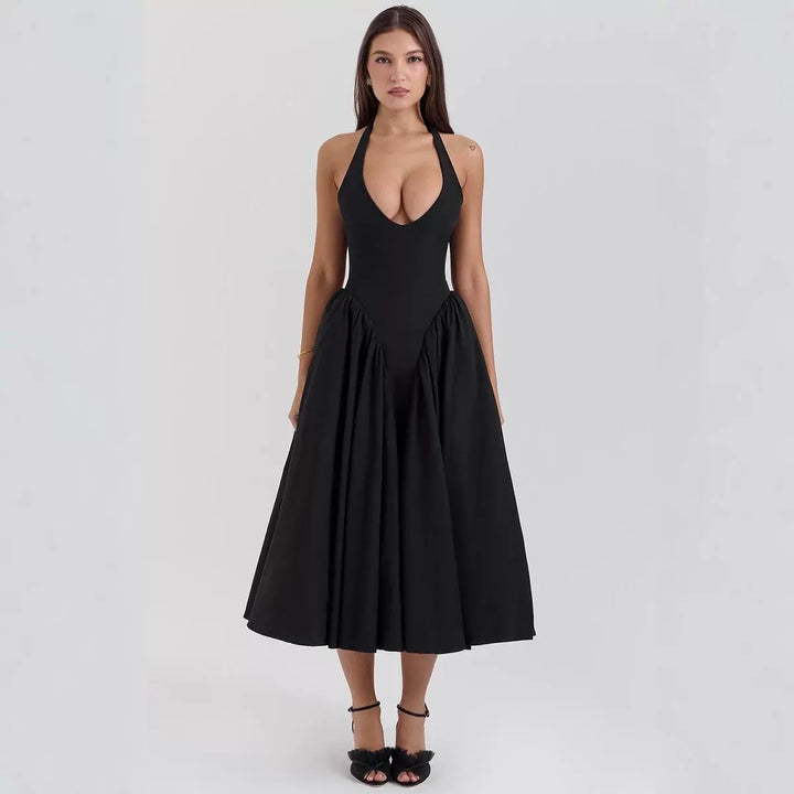 Damen A-linien Midi-Kleid mit tiefem V-Ausschnitt und verspieltem Rückenausschnitt Drune