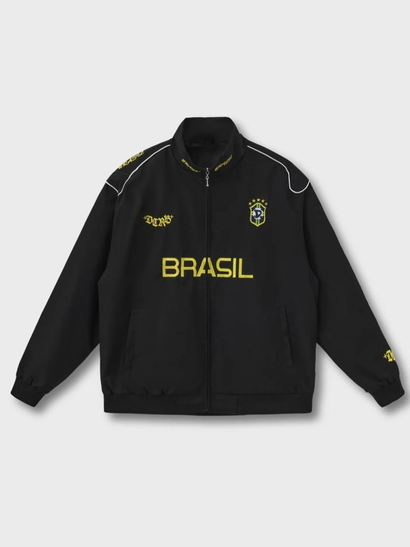Unisex nan sportliche Retro-Trainingsjacke mit Stehkragen Reißverschluss Brustemblem und Brasilien-Schriftzug Drune