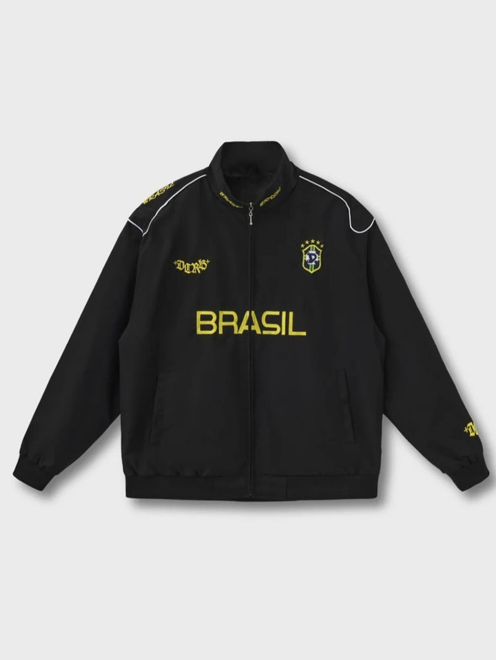 Unisex nan sportliche Retro-Trainingsjacke mit Stehkragen Reißverschluss Brustemblem und Brasilien-Schriftzug Drune
