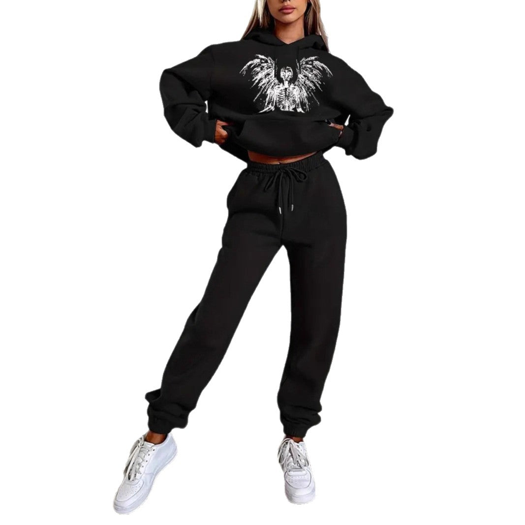Damen nan zweiteiliges Lounge-Set Kapuzenpullover Cropped und High-Waist Jogginghose mit Engelsmotiv und elastischem Bund Drune