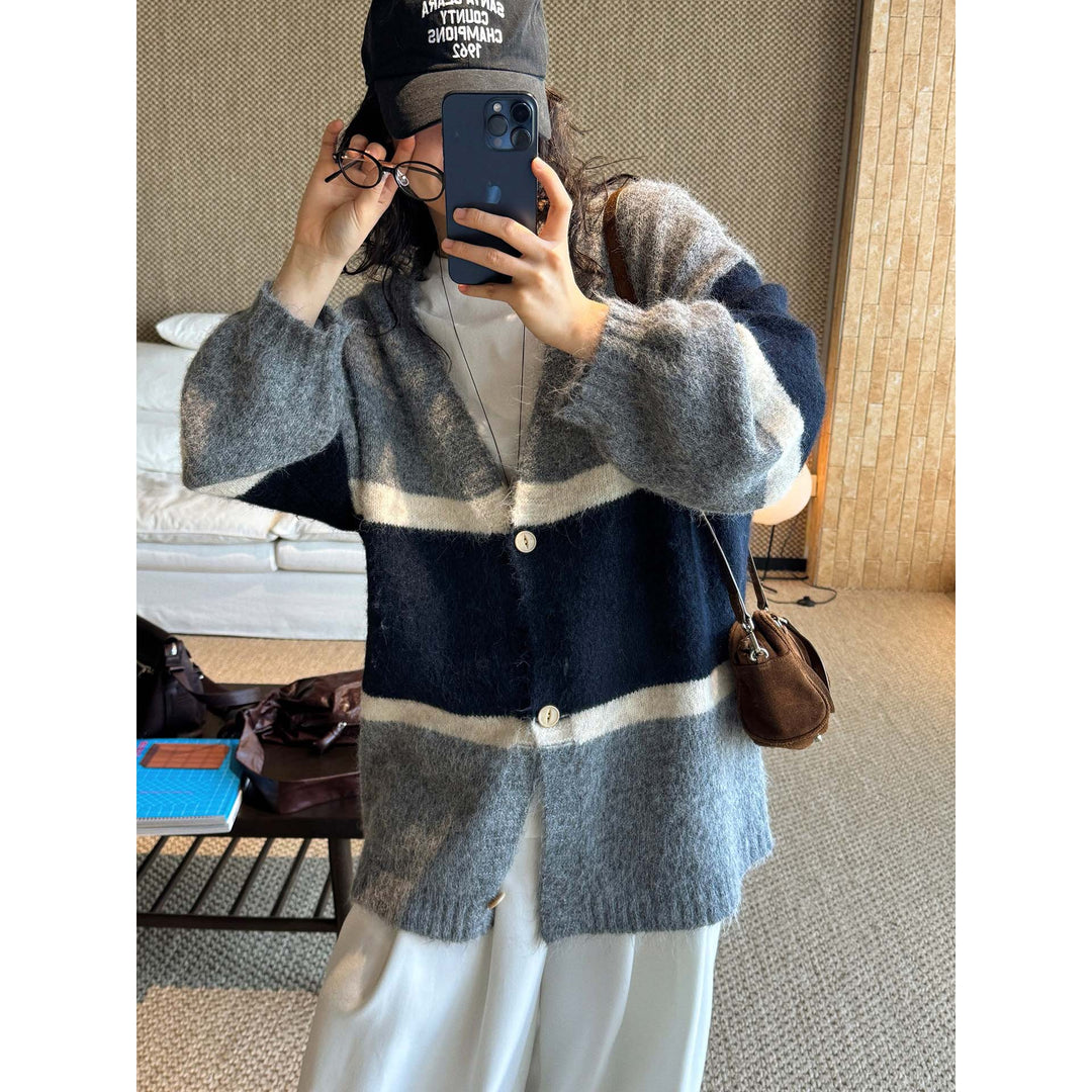 Damen Weicher Oversize-Strickcardigan mit V-Ausschnitt, Blockstreifen und Knopfleiste Drune