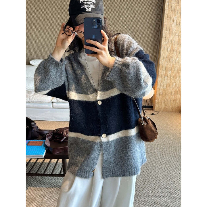 Damen Weicher Oversize-Strickcardigan mit V-Ausschnitt, Blockstreifen und Knopfleiste Drune