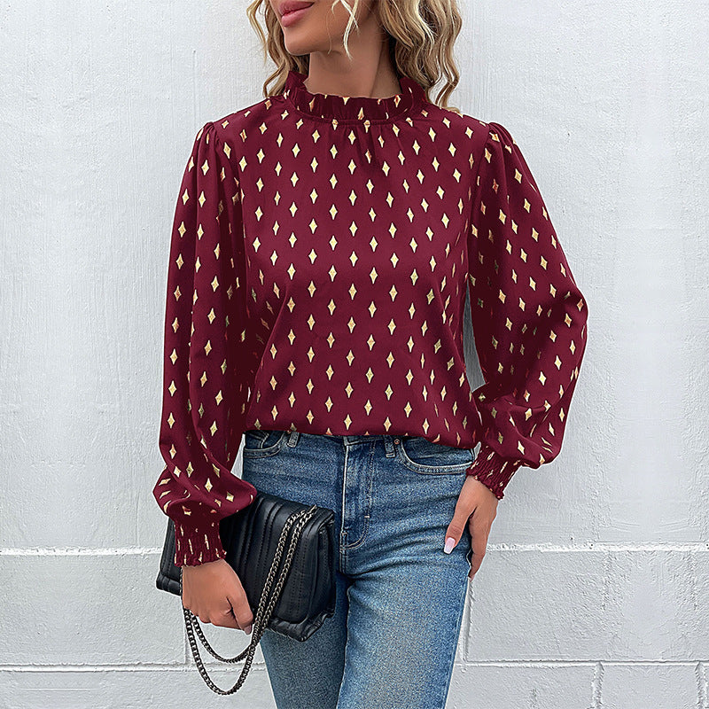 Damen Elegante Rüschen-Stehkragen-Bluse mit Puffärmeln und Smokbündchen Drune