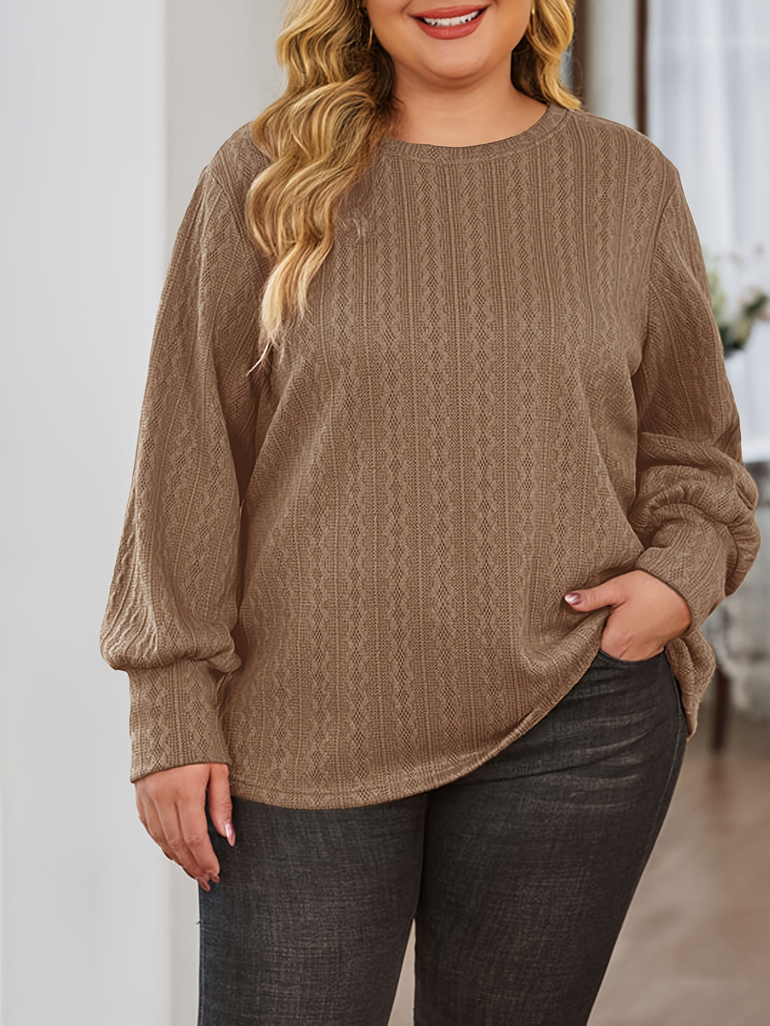 Damen Texturierter Oversize-Strickpullover mit Rundhalsausschnitt und Ballonärmeln Drune