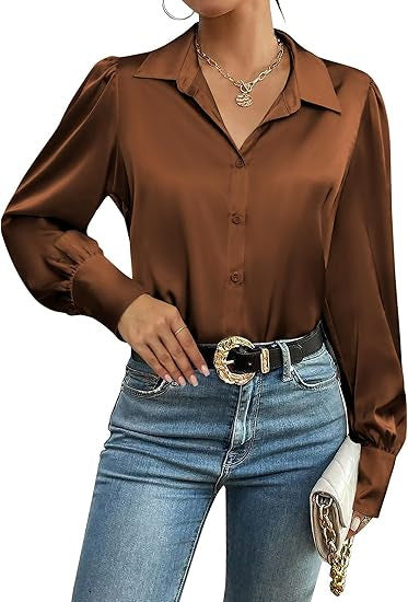 Damen Seidenoptik-Bluse mit Hemdkragen, verdeckter Knopfleiste und langen Manschetten Drune