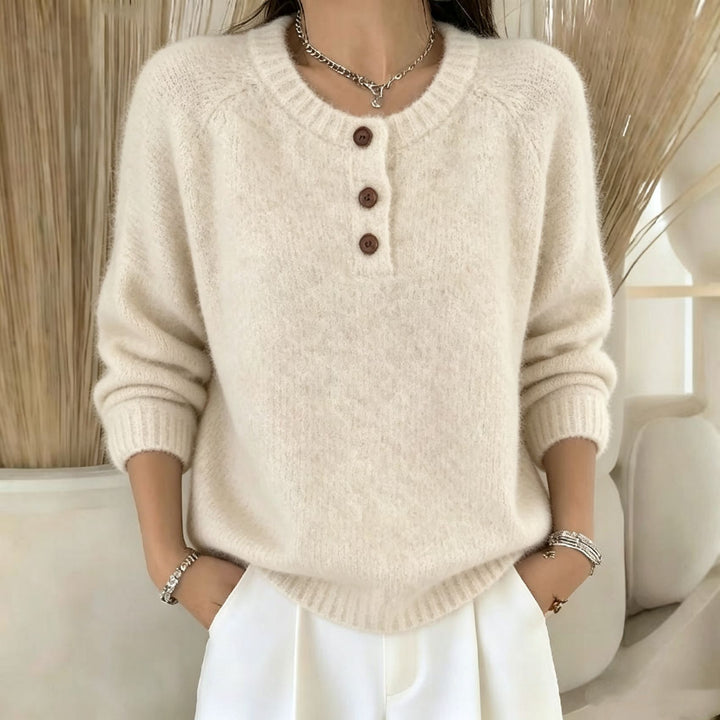 Damen Kuscheliger Rundhals-Henley-Pullover mit Knopfleiste und Raglanärmeln Drune
