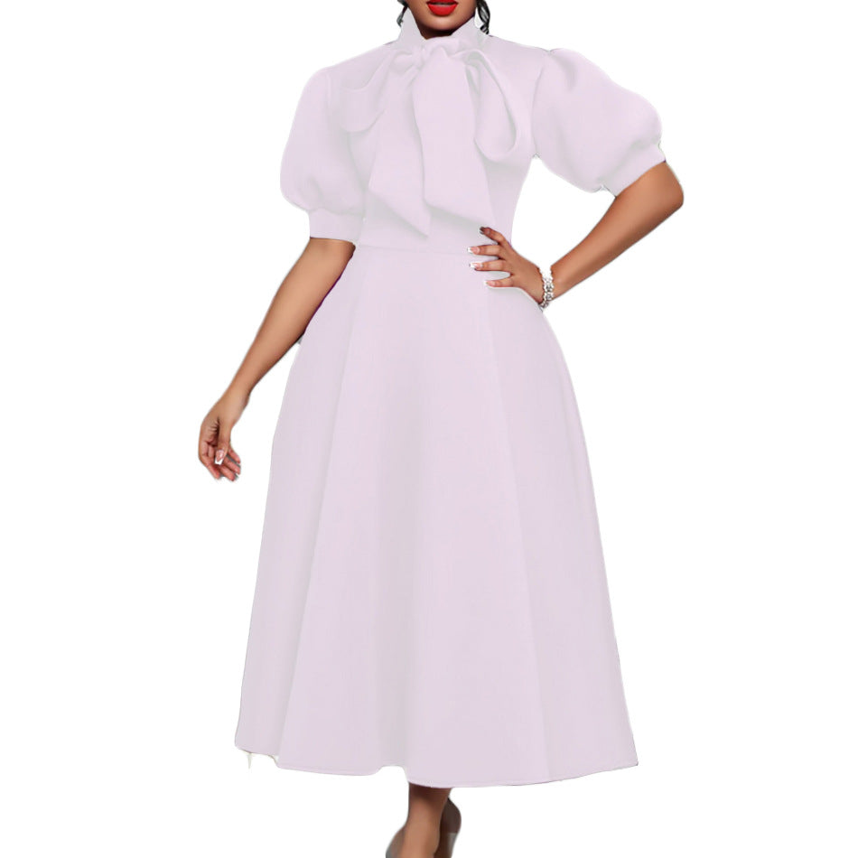 Damen Elegantes Midi-Kleid mit Puffärmeln und Bindegürtel Drune