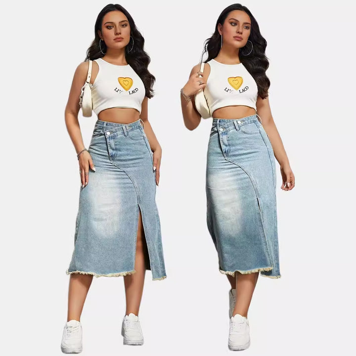 Damen nan asymmetrischer Highwaist-Denim-Midirock mit vorderlichem Schlitz und ausgefranstem Saum Drune