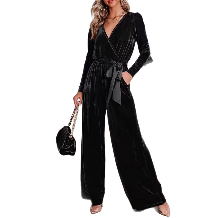 Damen Samt‑Jumpsuit mit Wickel‑V‑Ausschnitt, weitem Bein und Taillengürtel Drune