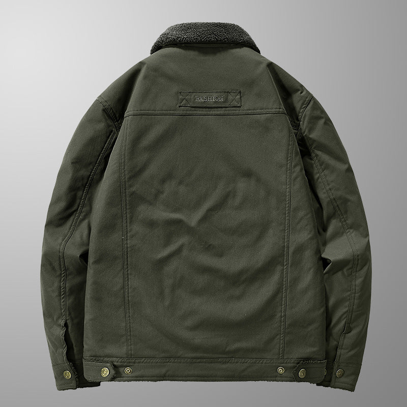 Herren Sherpa-gefütterte Canvas-Truckerjacke mit Teddyfutter und Utility‑Taschen Drune