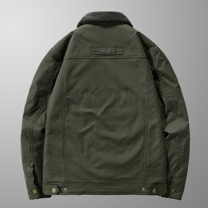 Herren Sherpa-gefütterte Canvas-Truckerjacke mit Teddyfutter und Utility‑Taschen Drune