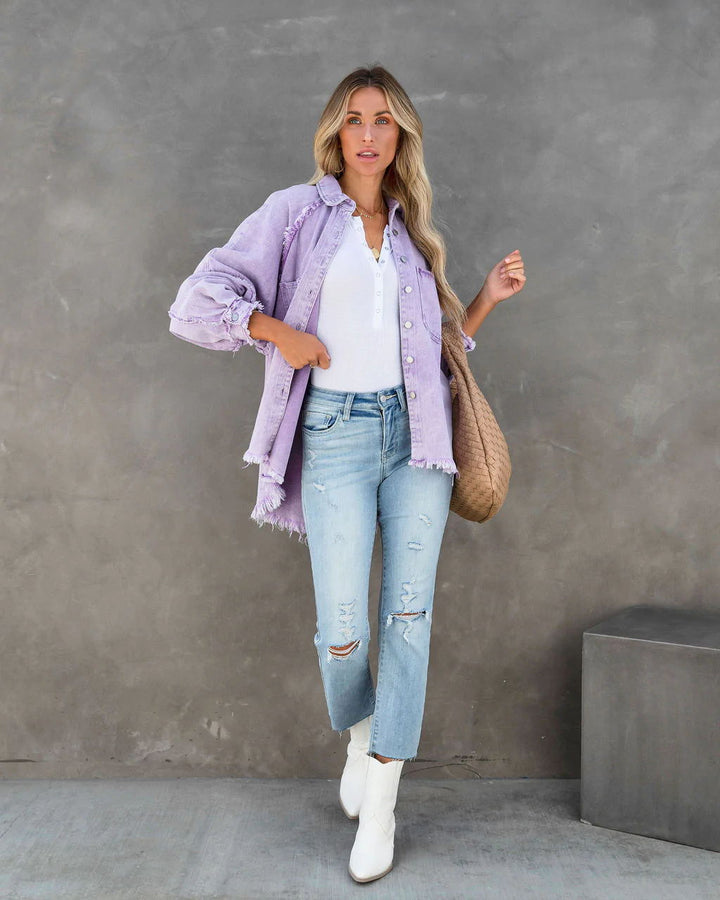 Damen lässige Overshirtjacke aus leichtem Denim mit fransigen Details Drune