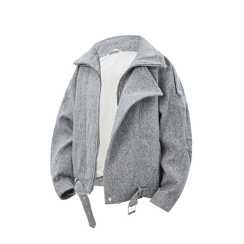 Damen Kurz geschnittene Wollmix-Bikerjacke mit asymmetrischer Front und Taillengürtel Drune