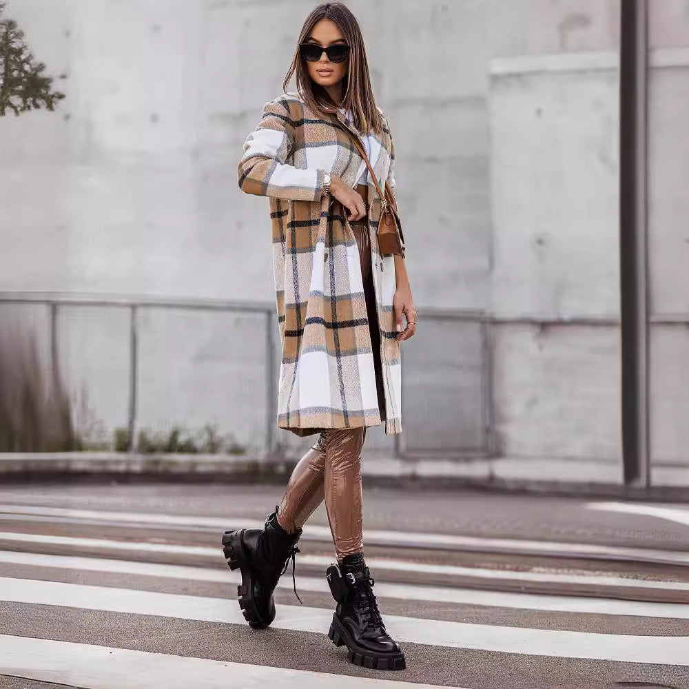 Damen Langer Wollmantel mit kariertem Muster und taillierbarem Gürtel Drune