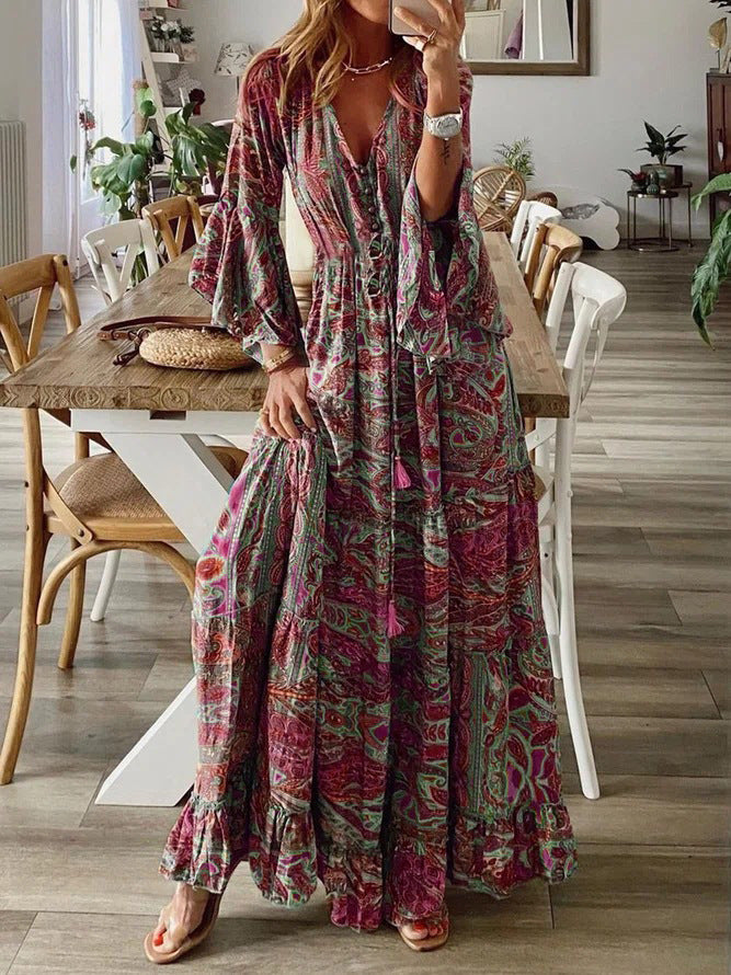 Damen Boho Maxikleid mit Paisley-Print, V-Ausschnitt, Stufenrock und Bindegürtel Drune