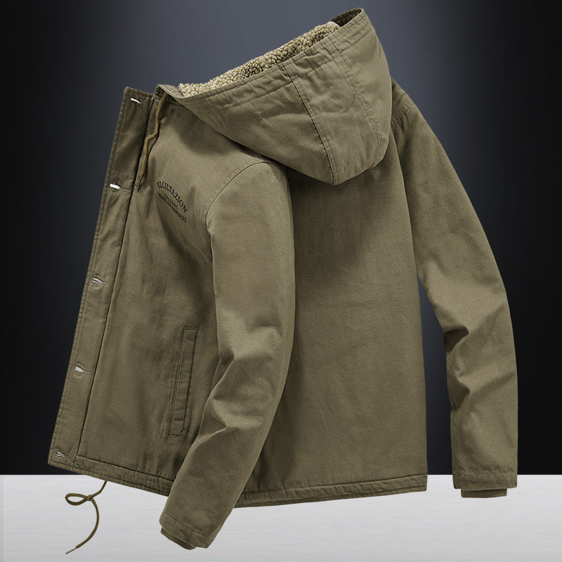 Herren Lässige Canvas-Kapuzenjacke mit durchgehendem Sherpa-Futter und doppelter Front Drune