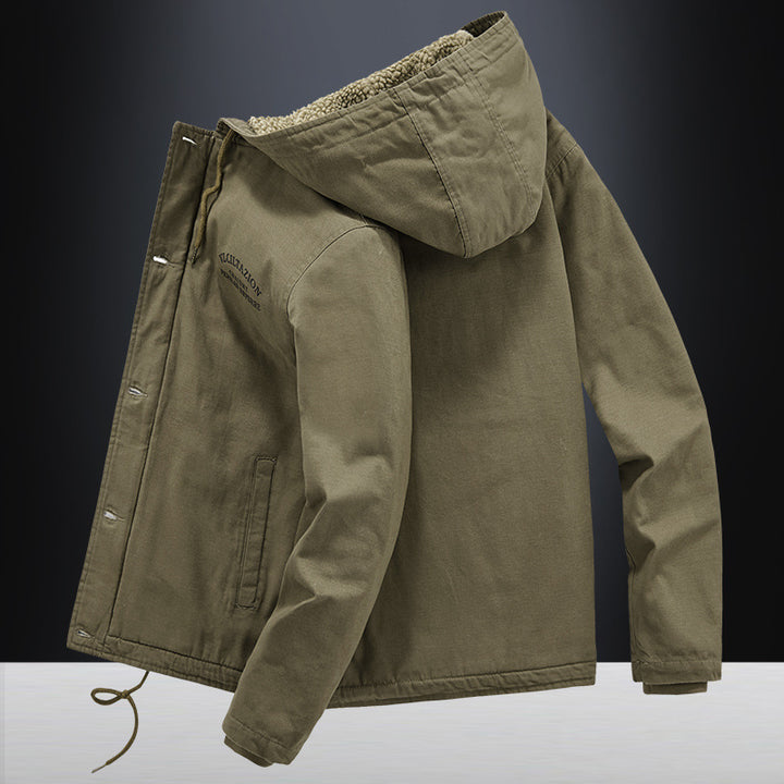Herren Lässige Canvas-Kapuzenjacke mit durchgehendem Sherpa-Futter und doppelter Front Drune