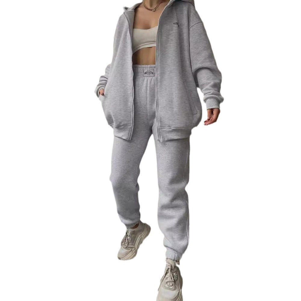 Damen lässiger und bequemer Kapuzenpullover mit Reißverschluss und Jogginghose-Set Drune