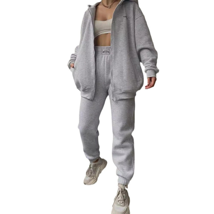 Damen lässiger und bequemer Kapuzenpullover mit Reißverschluss und Jogginghose-Set Drune
