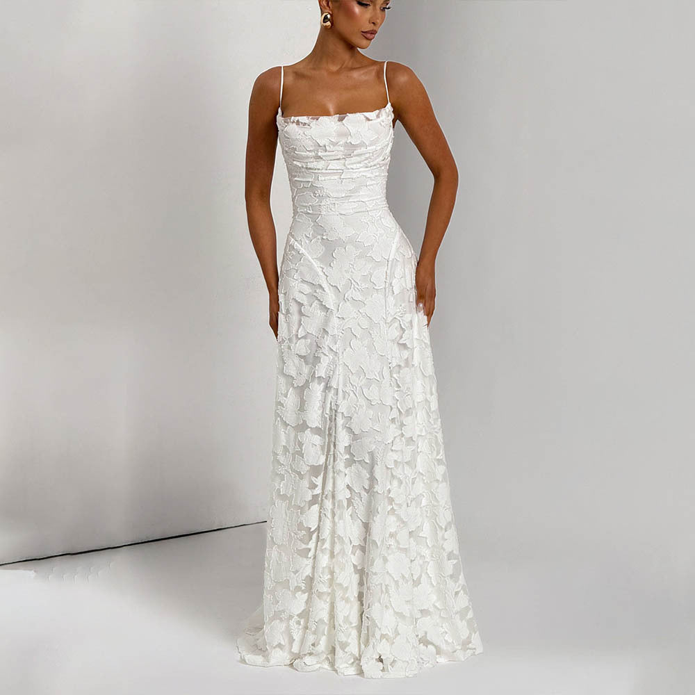 Damen Maxikleid mit floralem Spitzenmuster und schwingendem Rock Drune