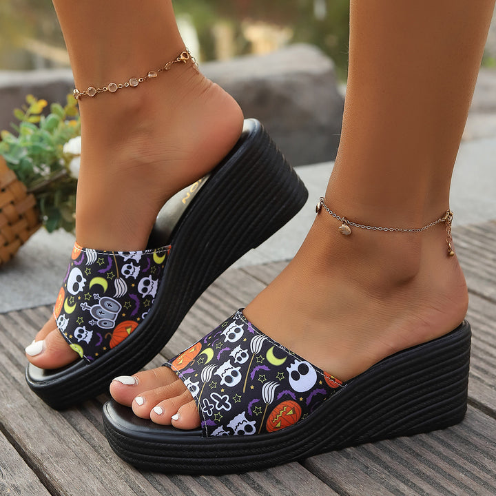 Damen Wedge-Pantoletten mit lässigem Halloween-Motiv und rutschfester Sohle Drune