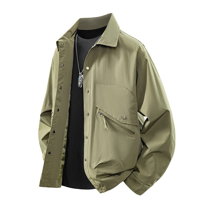 Herren Overshirt-Coachjacke im Urban-Utility-Stil mit Druckknopfleiste und schräger Reißverschlusstasche Drune