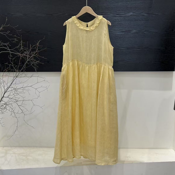 Damen Relaxed Fit Rüsch-Leinen-Maxi-Kleid Drune